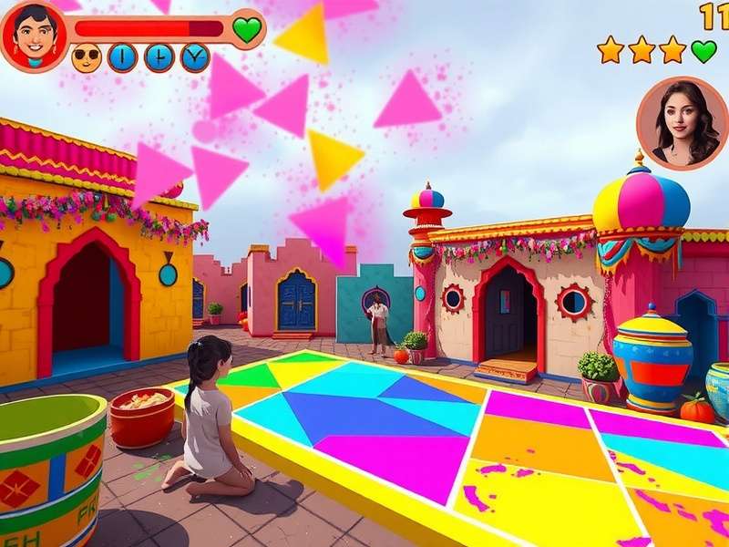 Holi Vivid Voyage gameplay screenshot showing colorful festival environment